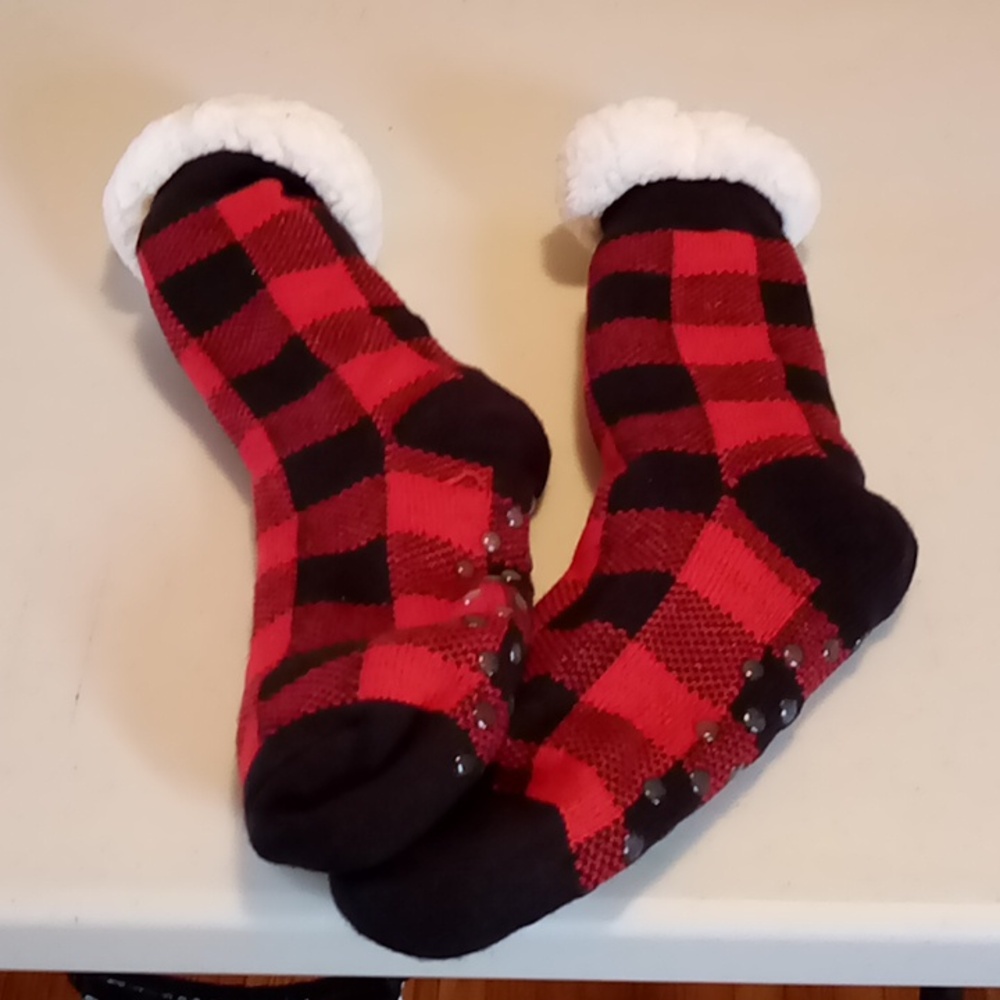 Shepera socks/slippers, buffalo check red and black. New never worn. Any size